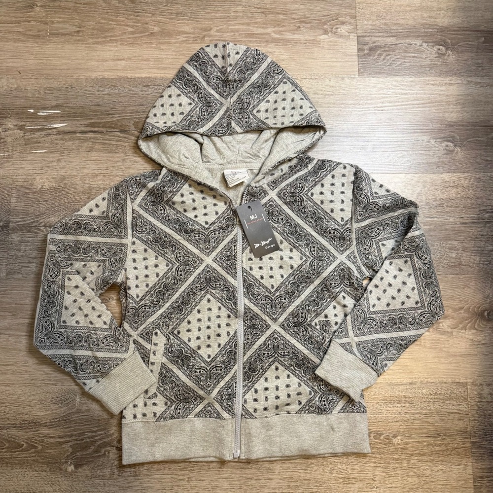 MJ Collection Bandana Paisley Zip Up Hoodie Grey Black‎ Streetwear 4714# Size 6